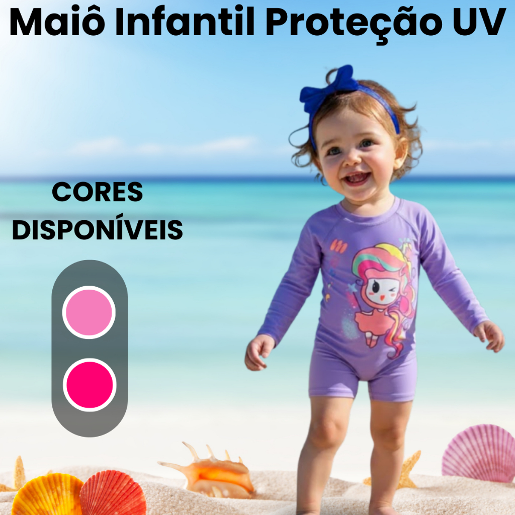 Maiô Infantil Macaquinho Macacão Forrado Manga Longa Proteção UV Natação Praia Piscina Verão