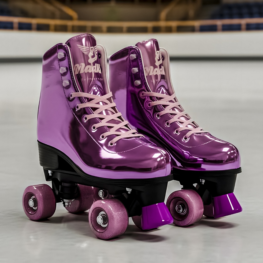 Patins Roller Quad Roxo Clássico Infantil Holográfico Para Meninas Ajustável 31-42