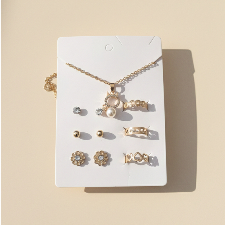 kit com 3 pares de brincos 3 aneis e 1 colar look completo biju dourado conjunto Conjunto De Joias Para Mulheres em Oferta na Shopee
