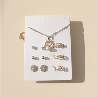 kit com 3 pares de brincos 3 aneis e 1 colar look completo biju dourado conjunto Conjunto De Joias Para Mulheres em Oferta na Shopee