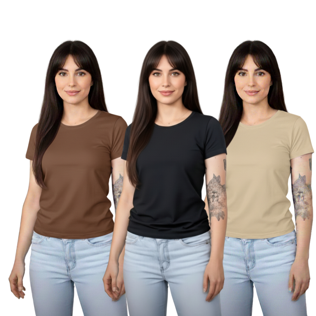 Kit 3 Baby Look Femininas 100% Algodão – Básicas Premium em Oferta na Shopee