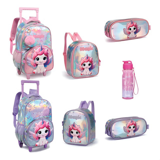 Kit Com Mochila De Rodinhas Lancheira Estojo E Garrafinha em Oferta na Shopee