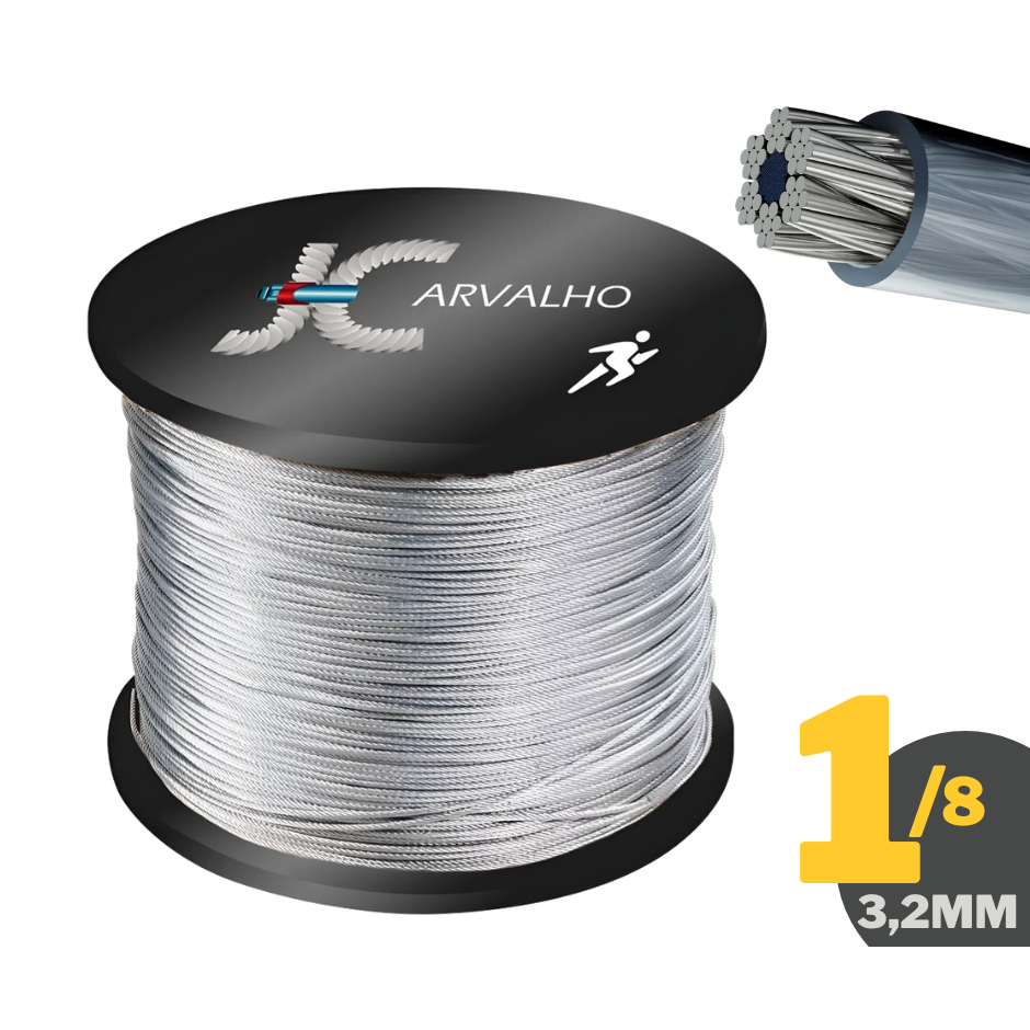 Cabo de Aço 1/8 3,17mm 6x7 AF Revestido em Pvc Cristal Varal Guarda Corpo Campin