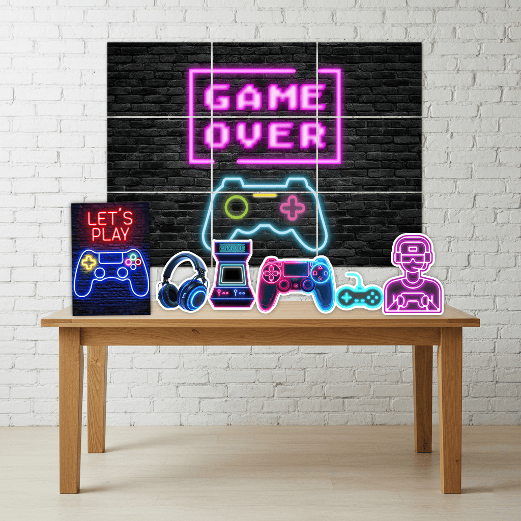 Kit Decoração Festa Infantil Painel + 5 Displays + Quadro de Mesa Gamer Mod1