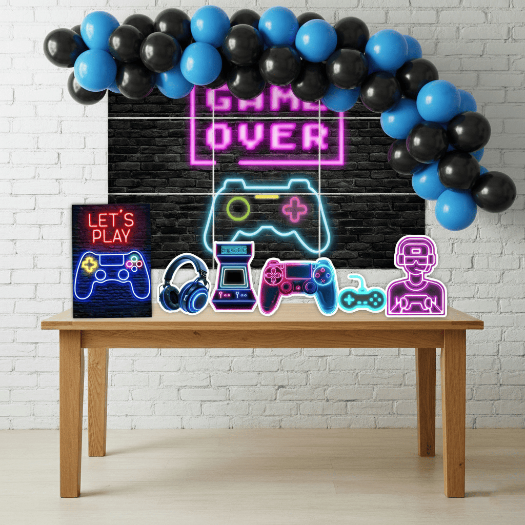 Kit Decoração Festa Infantil Painel + 5 Displays de mesa + 50 Bexigas Gamer Mod1