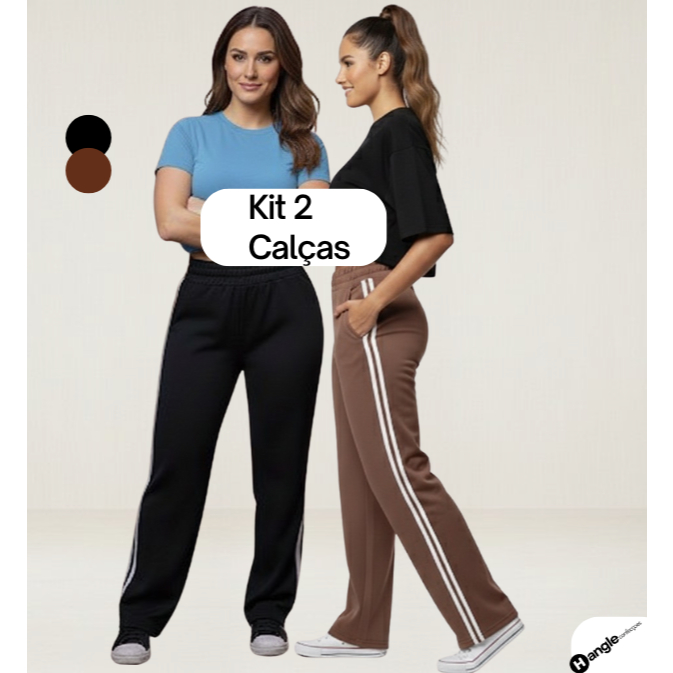 Kit 2 Calças Pantalona Feminina Premiun Listras Laterais Reta Confortável Esportes Moletom Academia em Oferta na Shopee