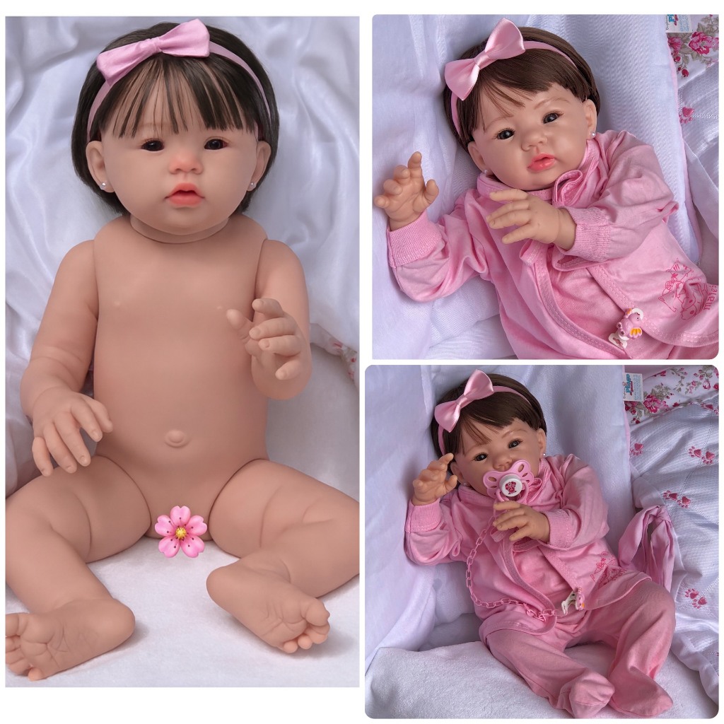 Boneca Bebê Reborn Corpo de Silicone realista com cabelo enxoval - rosa em Oferta na Shopee