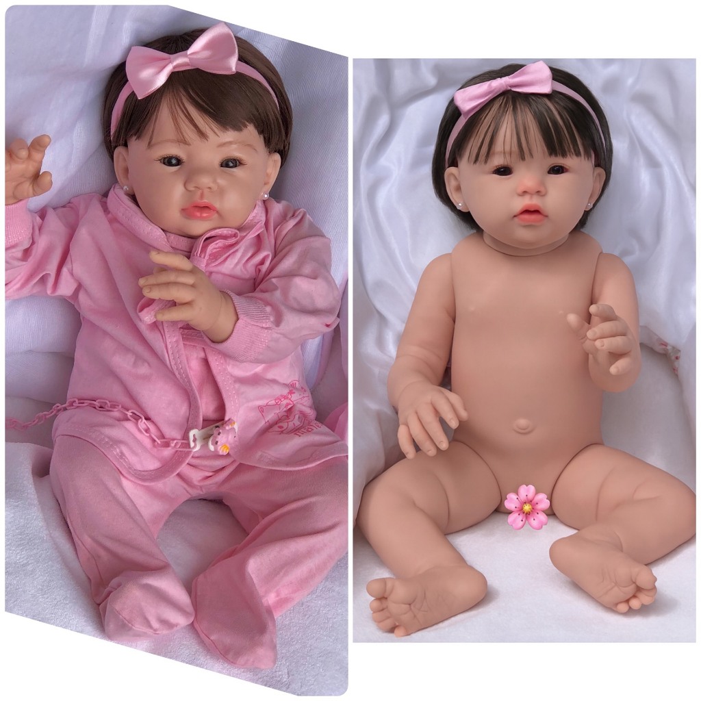 Boneca Bebê Reborn Corpo de Silicone realista com cabelo enxoval - rosa