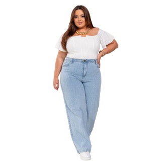 Calça Jeans Wide Leg Plus Size Cintura Alta em Oferta na Shopee