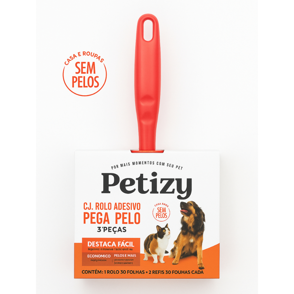 Conjunto Rolo Adesivo Tira Pelos com Refil 30 Folhas Removedor de Fiapos Cabelos Para Limpar Roupas