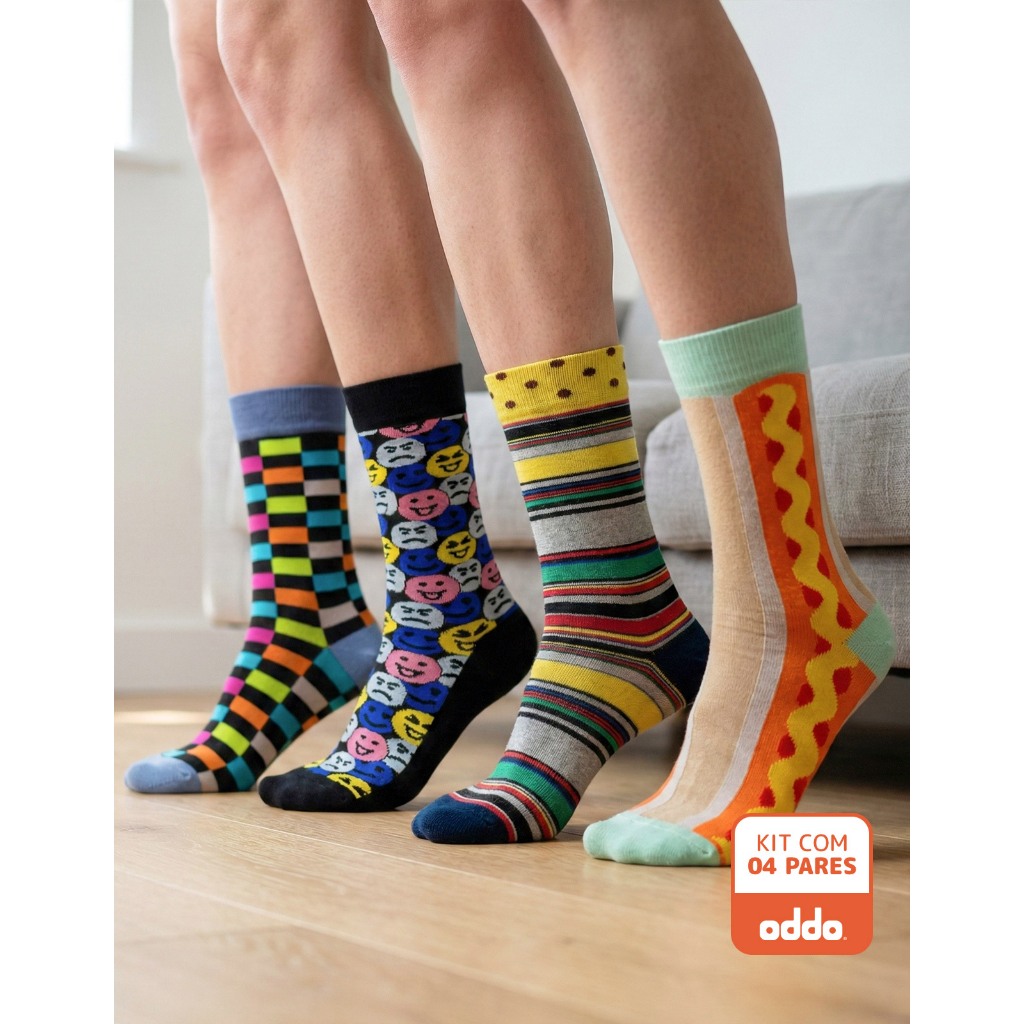 Kit 4 Pares Meias Divertidas Oddo Coloridas Xadrez Emoji Listras Hotdog em Oferta na Shopee