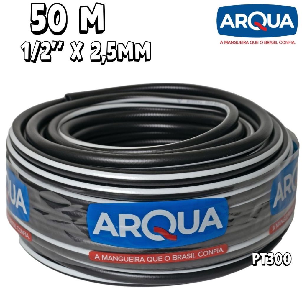 Mangueira Jardim Alta Pressão 50m PT300 ARQUA 1/2" Preta - Jardim Reforçada Trançada Premium Ar e Água