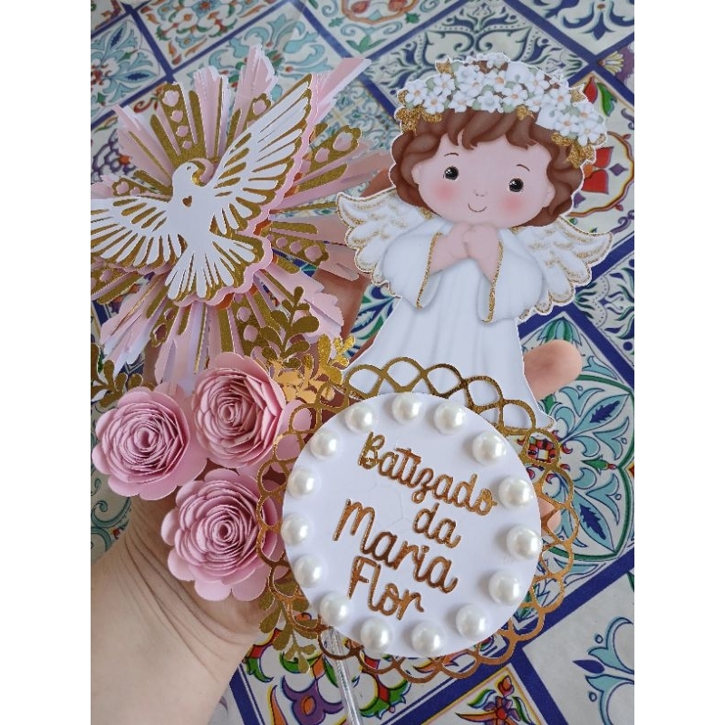 Topper de Bolo Batizado menina - Topo de bolo personalizado Batizado Anjinha 3D