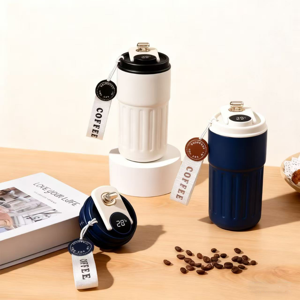 Copo Térmico Cafe Inox Portátil com tampa ,450ml Com LED Temperatura Antivazamento