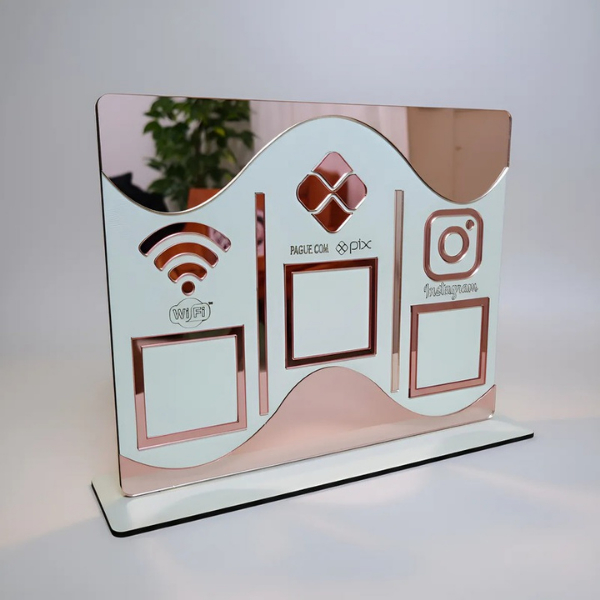 Placa Display de Mesa e Balcão para QR Code WIFI PIX INSTAGRAM no MDF Branco e Acrílico Rosê