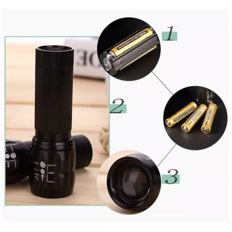 Lanterna Tática LED Q3 com ZOOM, 3 modos, Pilha AA, Portátil para Camping e Esportes