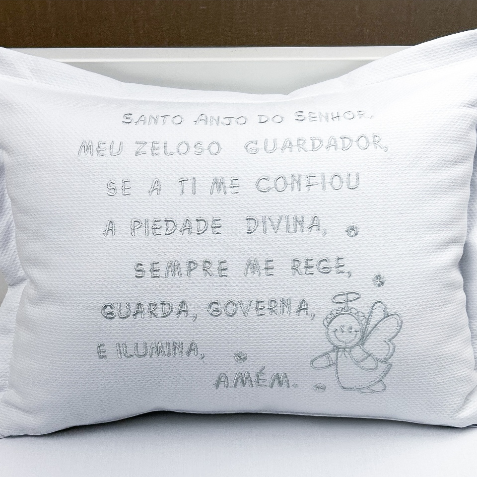 Almofada Decorativa Infantil Santo Anjo - Bordado Cor Cinza - Quarto Bebê - Oração Anjo da Guarda - Almofada Bordada