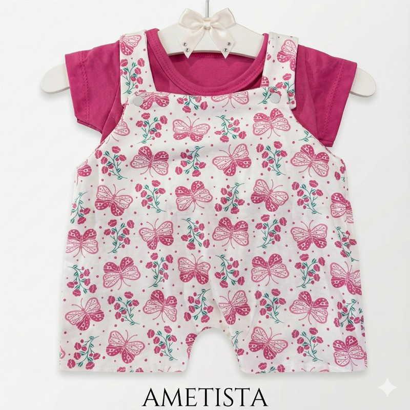 Conjunto Bebê 3 a 6 Meses Jardineira + Blusa Algodão Roupinha Infantil Menina Verão Fresquinho