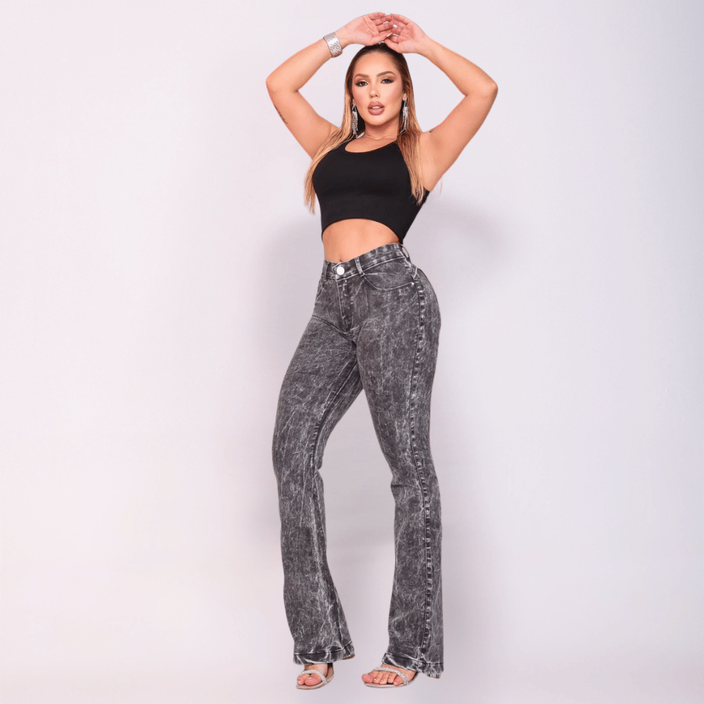 Calça Feminina Jeans Flare Cintura Alta Marmorizada com Lycra super empina bumbum tendência