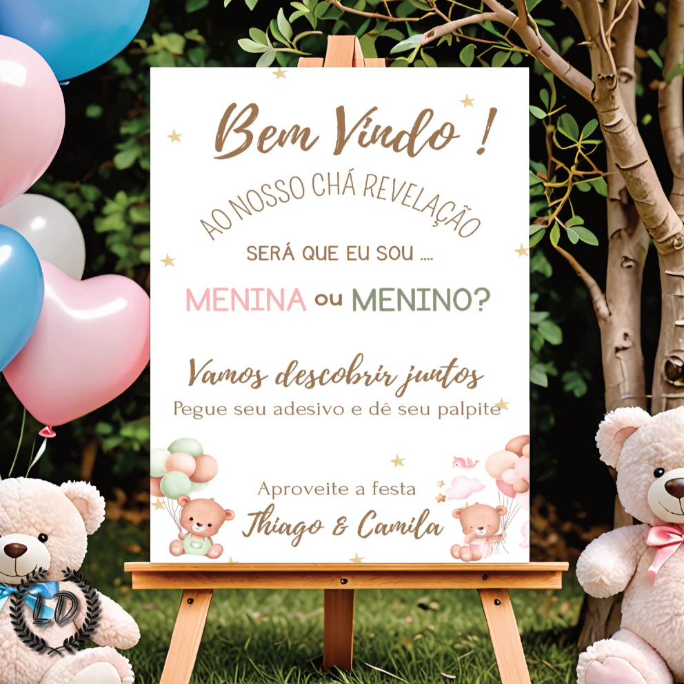 Quadro Placa Recepção Bem Vindos Ao Nosso Chá Revelação Ursinhos Nomes Personalizado