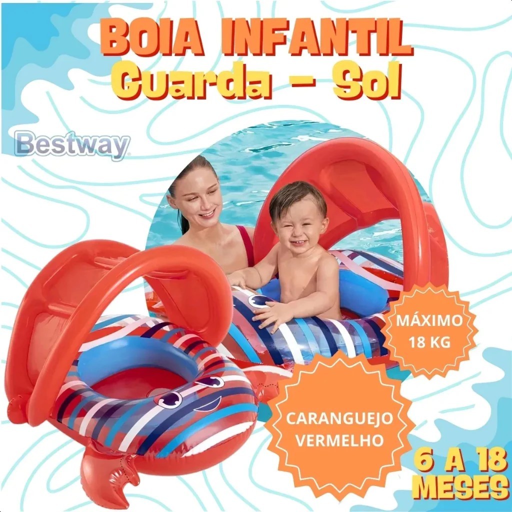 🦀 Bote Boia Infantil Caranguejo – Vermelha - Proteção Solar - Cadeira Diversão Garantida