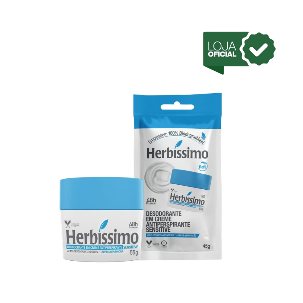 Kit 2 itens -  Desodorante Creme Antitranspirante Herbíssimo | Sachê Refil + Potinho | Sensitive 45g em Oferta na Shopee
