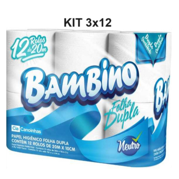 Kit 3 Pacotes 12 rolos Papel Higiênico Bambino folha dupla