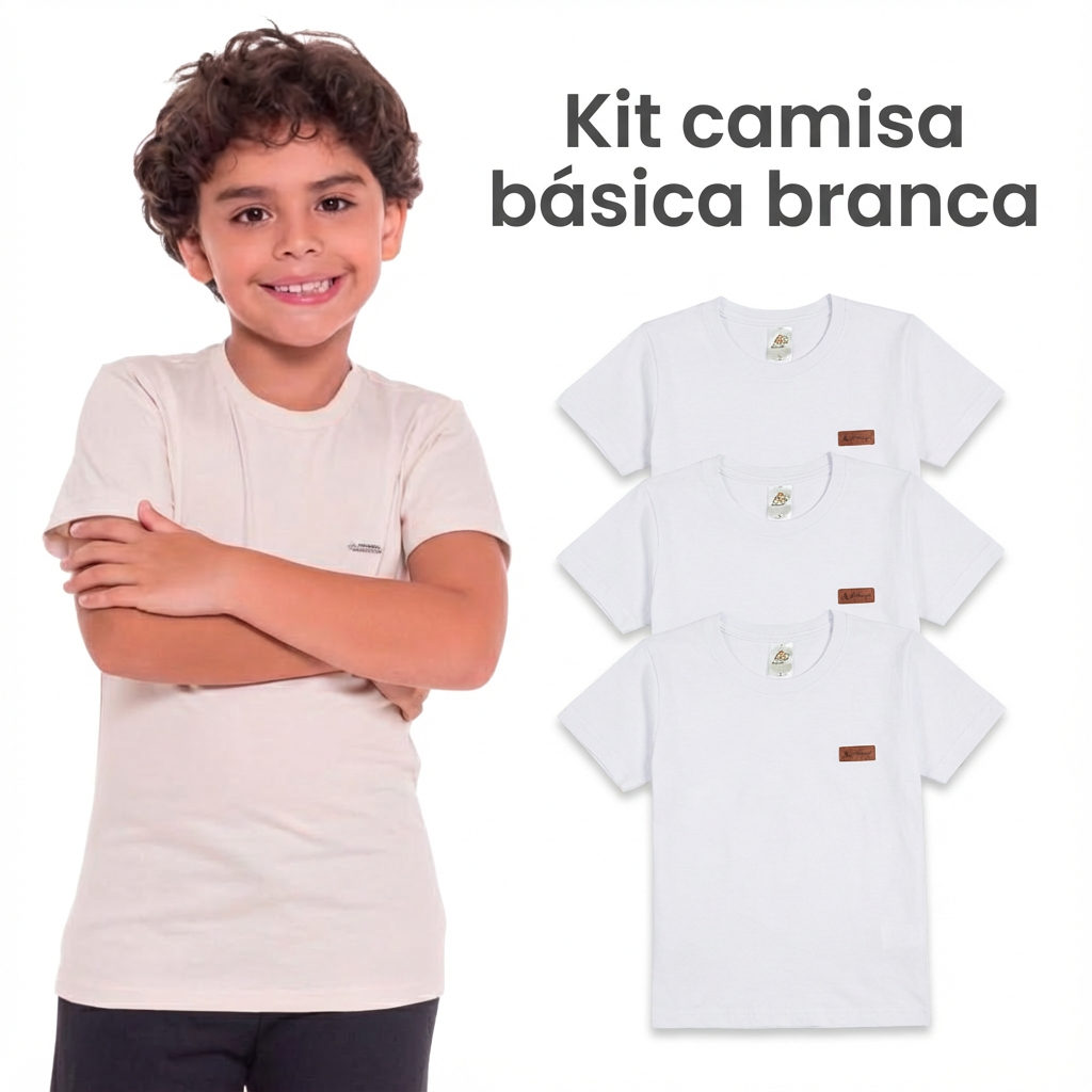 kit 3 camisas basicas BRANCAS infanto infantil basica menino 100% algodão manga curta lisa uso diário escola 1 a 12 anos