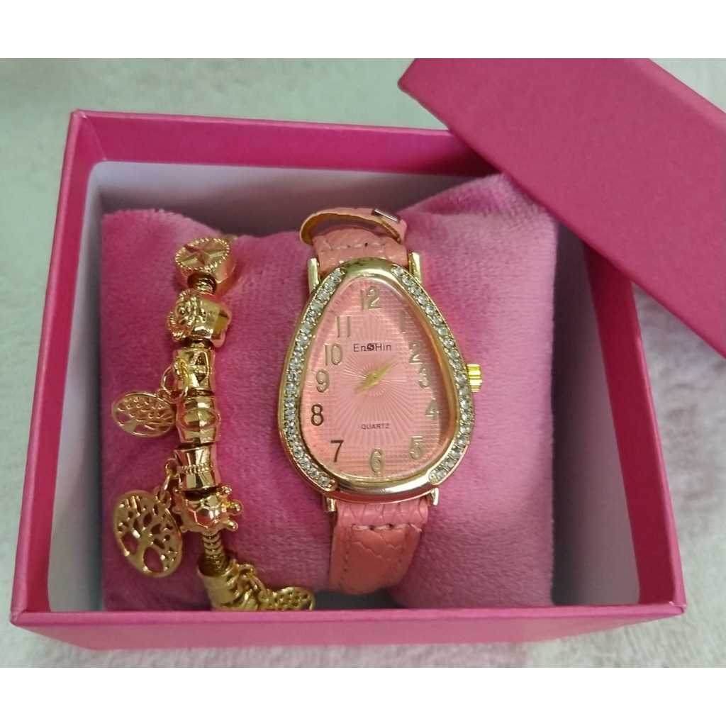 Kit Relogio Feminino de Luxo Gota com Strass e Com Pulseira Dourada