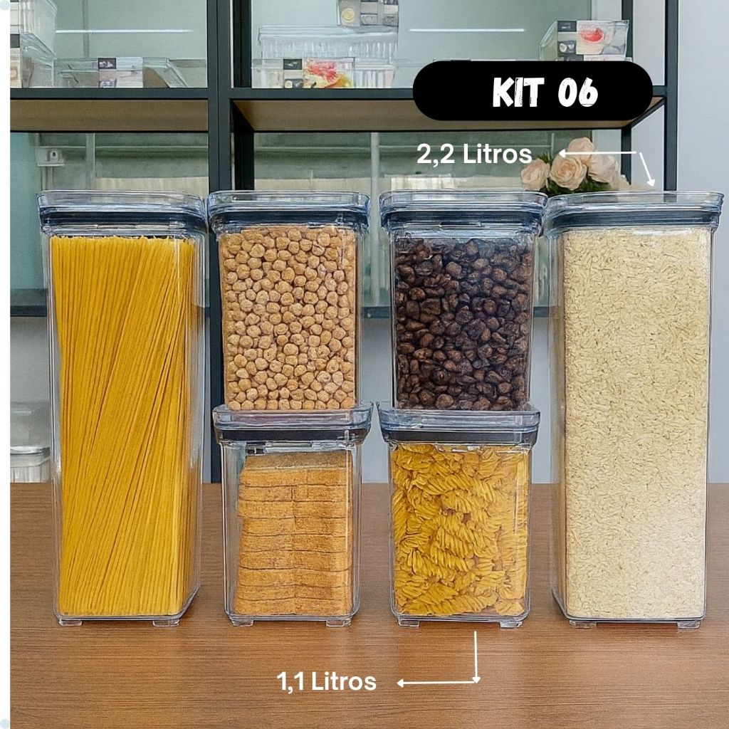 KIT 06 Potes Herméticos para Mantimentos de Cozinha Alimentos Armário Acrílico Plástico NEW em Oferta na Shopee