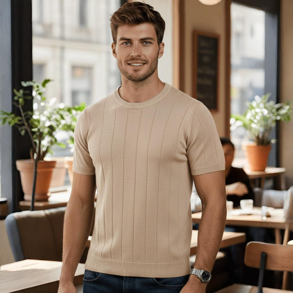 Camiseta Masculina De Tricot Malha Canelada Slim Básica Camisa Social Luxo em Oferta na Shopee