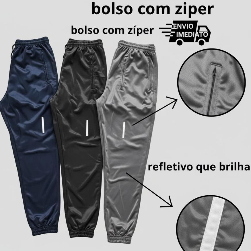 Imagem Kit 3 Calças Jogger Unissex Refletiva Esportiva Para Academia, Corrida e Trabalho Com Bolsos Laterais