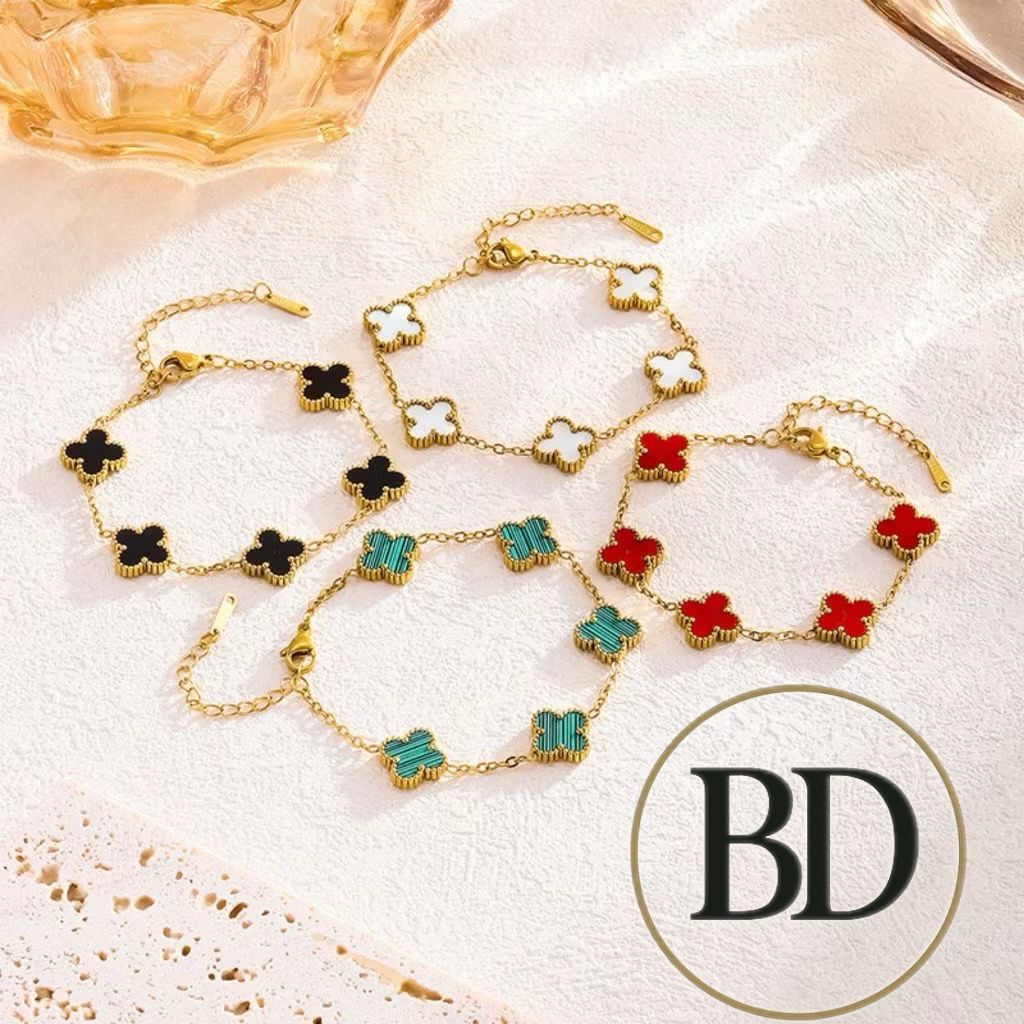 Pulseira Unissex Dupla Face Trevo de Quatro Folhas com Pérola, Aço Inoxidável Banho 18K, Não Desbota