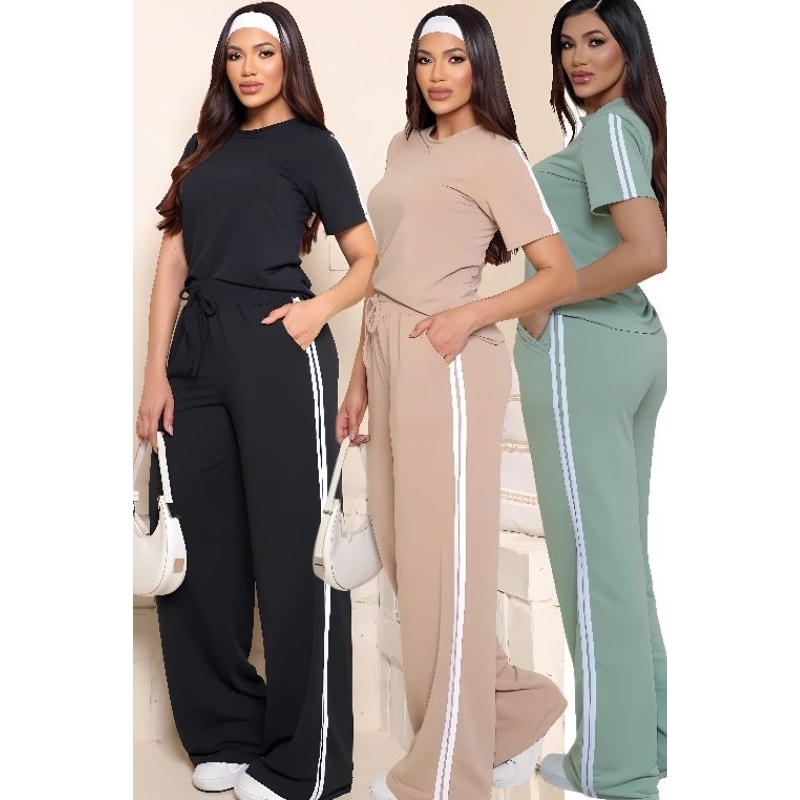 Conjunto Femenino Calça E Blusa Com Listras Laterais Casual confortável Look Versáteis Moletinho em Oferta na Shopee