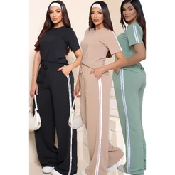 Conjunto Femenino Calça E Blusa Com Listras Laterais Casual confortável Look Versáteis Moletinho