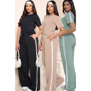 Conjunto Femenino Calça E Blusa Com Listras Laterais Casual confortável Look Versáteis Mo…