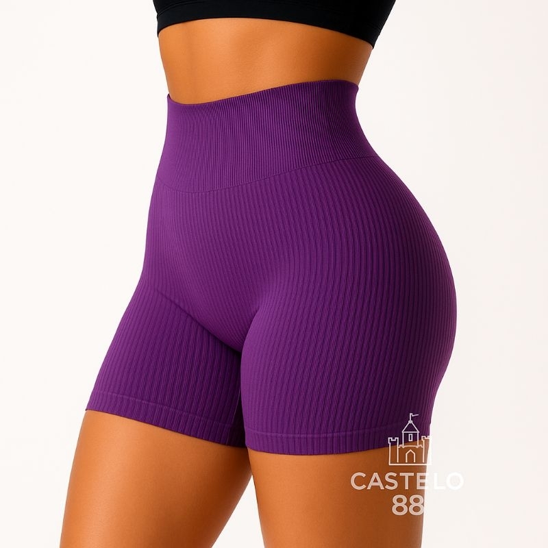 Short Fitness Canelado Feminino Tecido Premium Meia Coxa  para Academia – Cintura Alta, Super Confortável