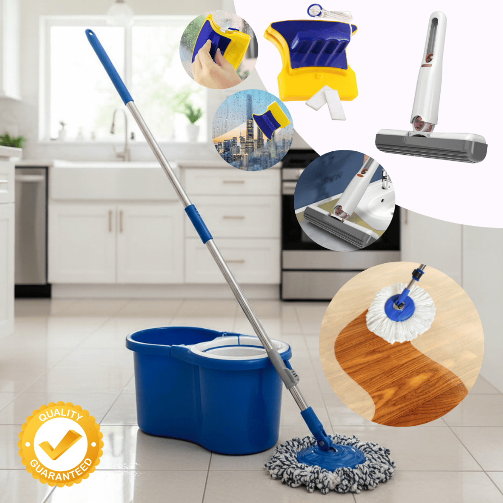 Mop Esfregão Limpeza Giratório Microfibra 360 Balde 8l + Limpa Vidros Magnético + Mini Mop Portátil