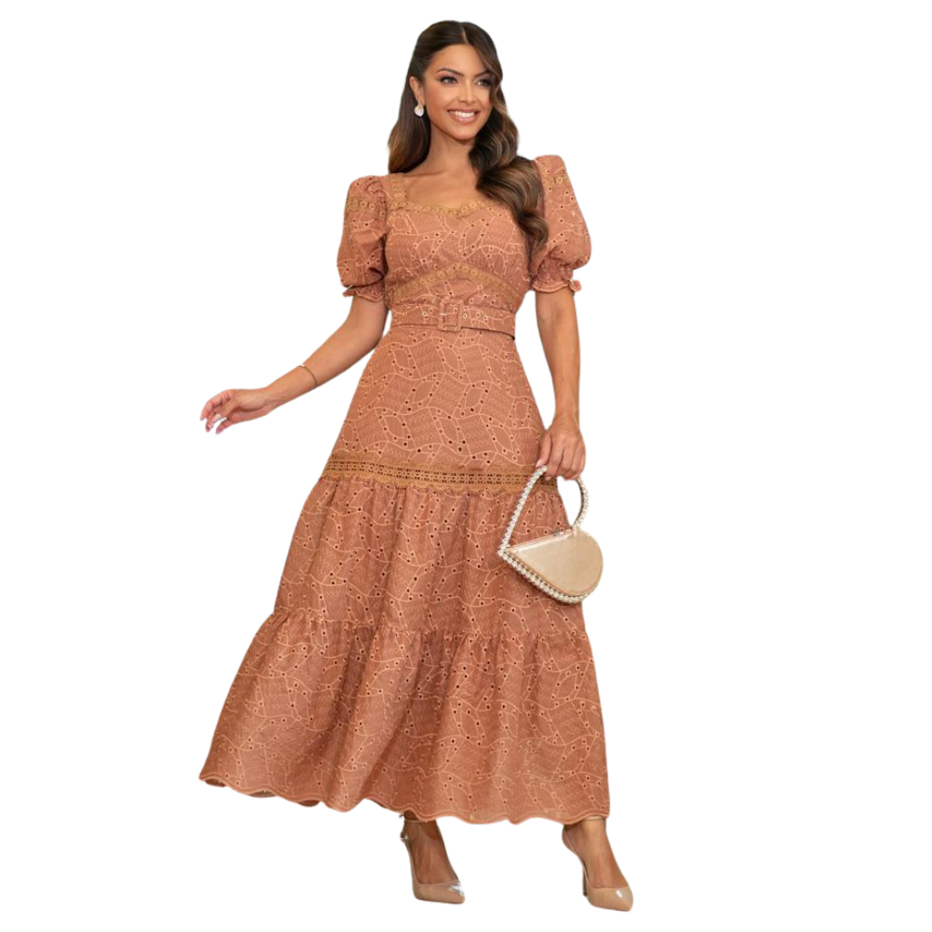 Vestido Midi Cassandra Renda Guipir com Babados Cinto Casamento Madrinha Laise Evangélico Festa CN em Oferta na Shopee