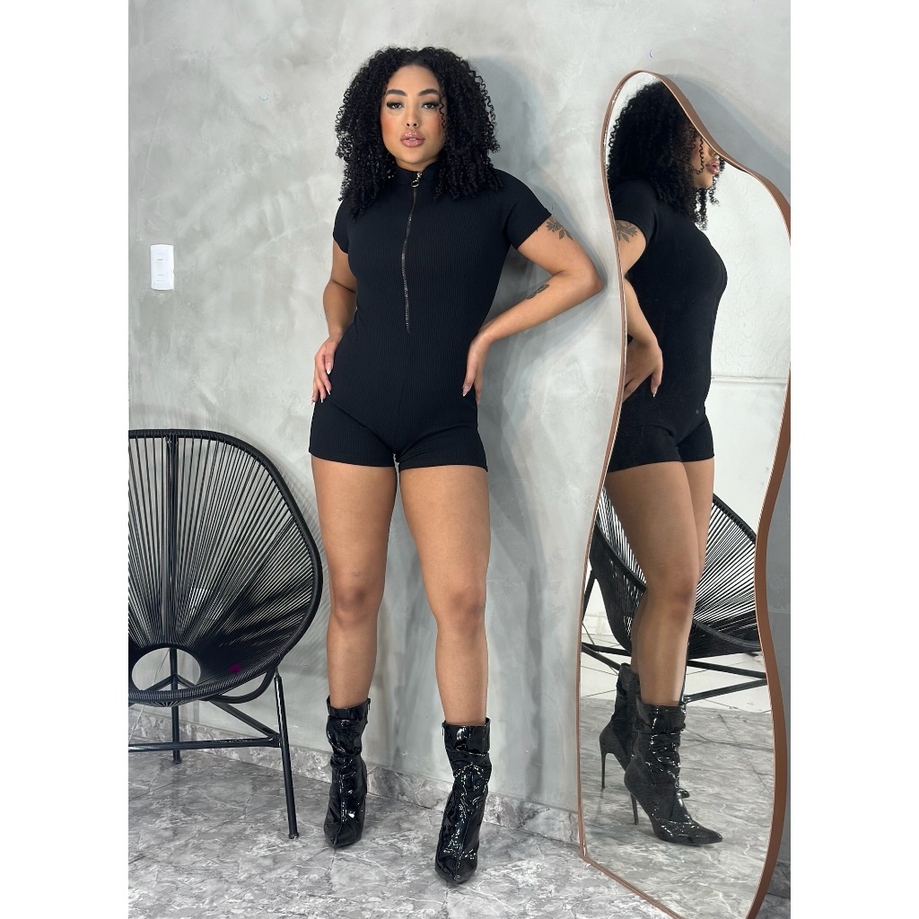 Macaquinho Shorts Macacao Ziper Curto Manga  Curta Feminino sem Bojo Blogueira Moda Gringa em Oferta na Shopee