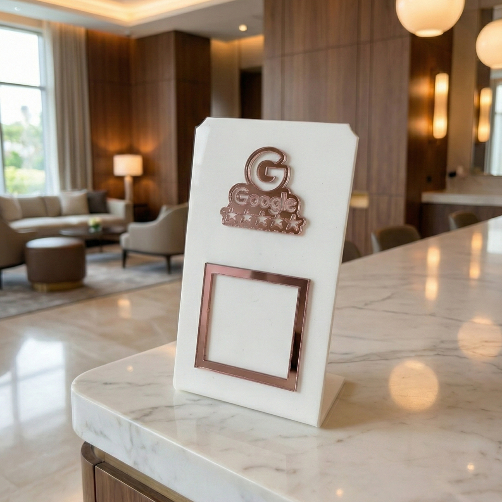 Placa Display Acrílico QR Code Google Avaliação Para Mesa E Balcão De Atendimento