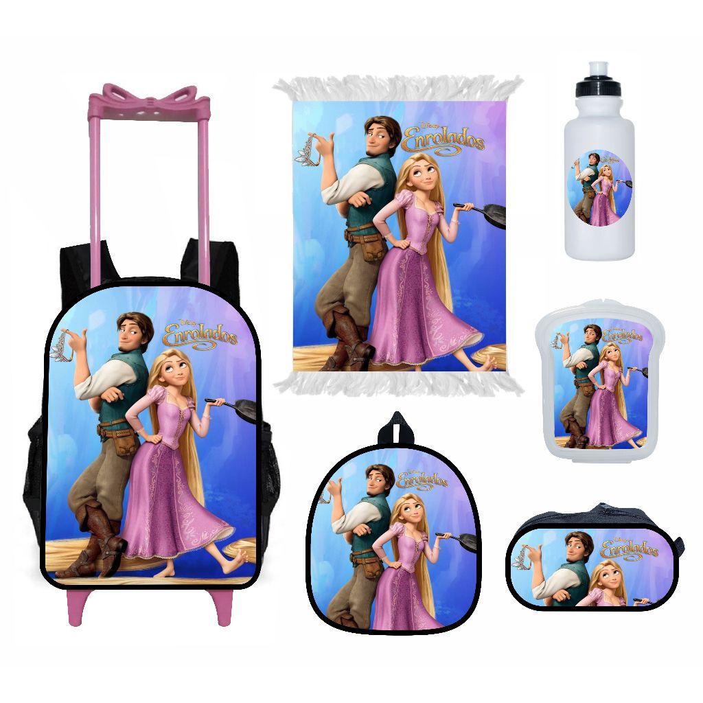 Kit escolar infantil 6 peças Enrolado Rapunzel Flynn Rider mochila lancheira estojo