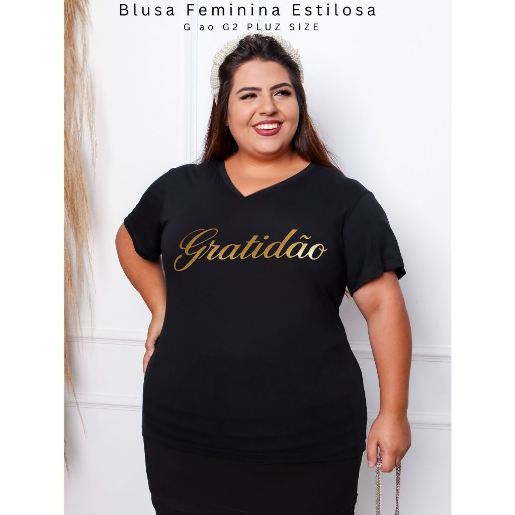 Blusa Feminina Pluz Size Tshirt Estilosa Tecido Com Elastano Confortável Moda Gola V