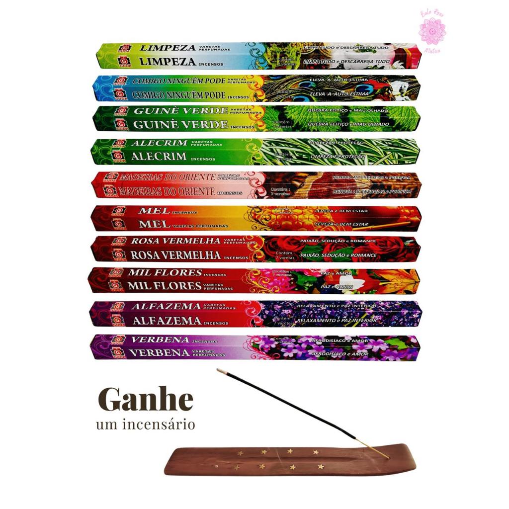 Imagem Kit Incenso Indiano 10 Aromas Energeticos limpeza Proteçao Espiritual Prosperidade Amor + Incensario