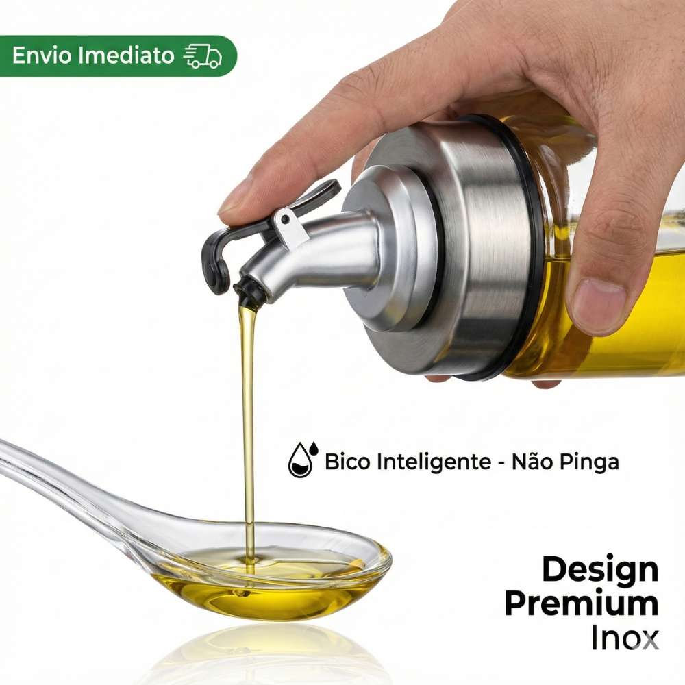 Galheteiro Porta Azeite e Vinagre Vidro 300ml Bico Dosador Inox Premium [Não Pinga]