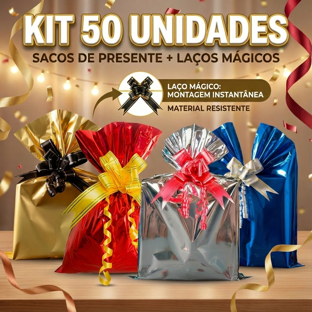 Kit 50 Sacos de Presente + 50 Laços Mágicos Para Decoração, Saquinho Embrulho Papel De Presente em Oferta na Shopee