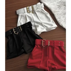 Short Feminino Com Cinto Grosso / Tecido Neoprene Premium / Coleção Verão / Moda Casual e Elegante