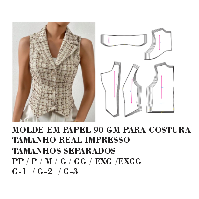 MOLDE ,MODELAGEM DE COLETE CAVADO COM GOLA DE BLAZER ALFAIATARIA PARA COSTURA IMPRESSO EM PAPEL 90 GM  HSTZ-451