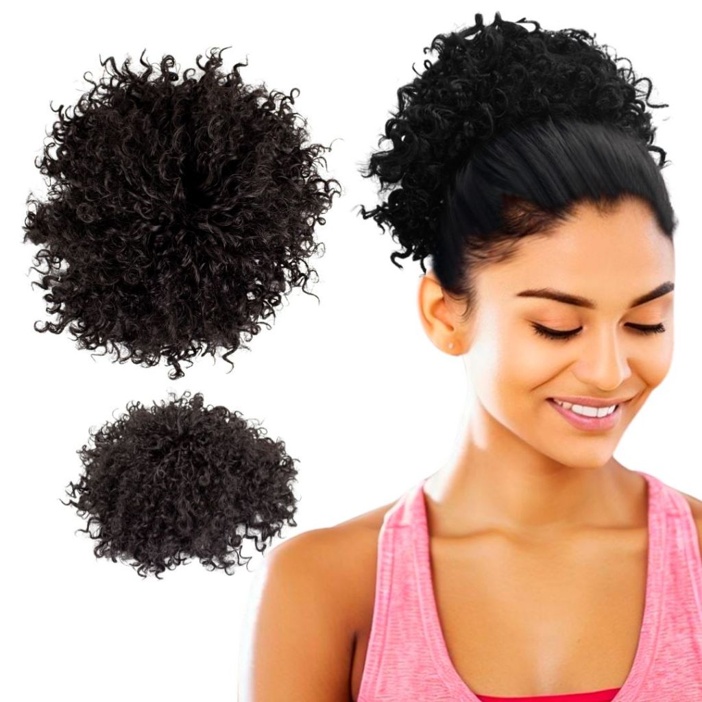 Aplique De Cabelo Coque Marrom Fibra Afro Puff Cacheado