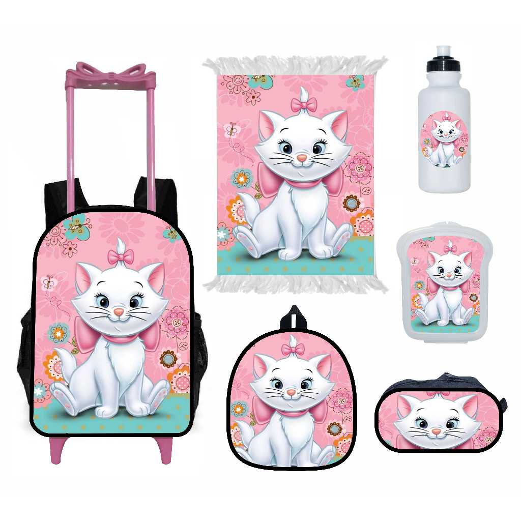 Kit Gata Marie escolar infantil 6 peças Gatinha Marie mochila lancheira estojo